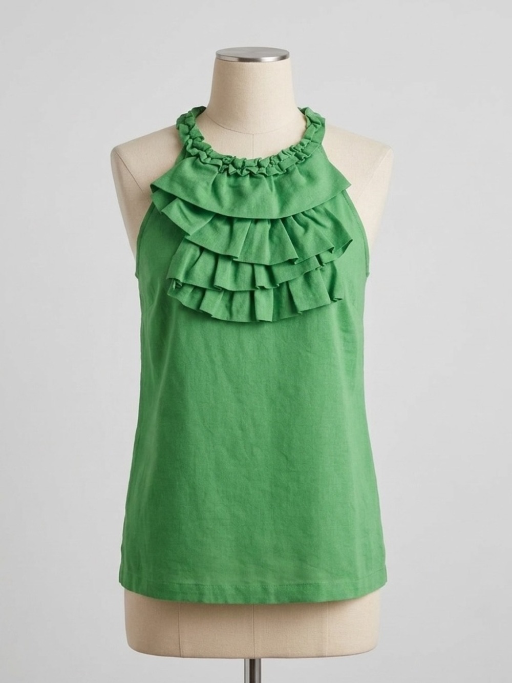 Saint Tropez West Green Tiered Ruffle Halter Blouse Linen Rayon Summer Top Sz M